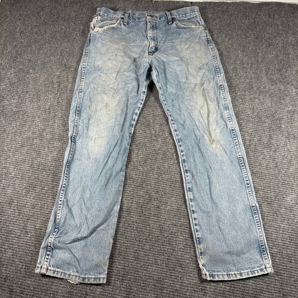 Wrangler 13MWZGK Cowboy Cut Jeans Mens 32x30 Blue Fair Distressed Straight Leg